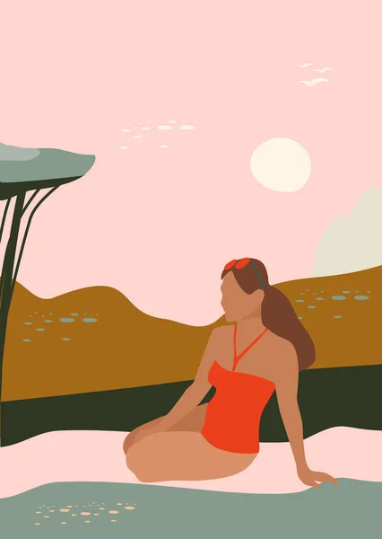 Silhueta Mulher Minimalista Fundo Retro Verão Cartaz Estilo Meados Século —  Vetores de Stock