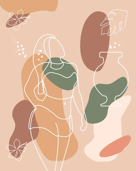 Wanita Dan Vas Siluet Boho Style Abstract Menggambar Latar Belakang - Stok Vektor