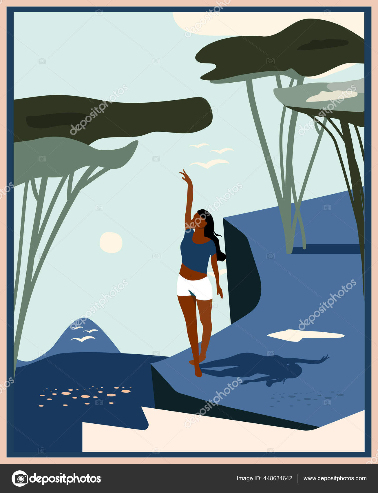 Paisaje Abstracto Con Acantilado Roco Silueta Minimalista Mujer Sobre Fondo  Vector de stock #448634642 de ©golubevadari.gmail.com, image size:1305x1700