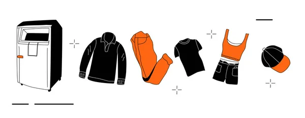 涂鸦风格的服装元素 对生态生活方式的贡献 回收利用 给予衣橱二次生命 跳蚤市场 橙色和黑色 — 图库矢量图片