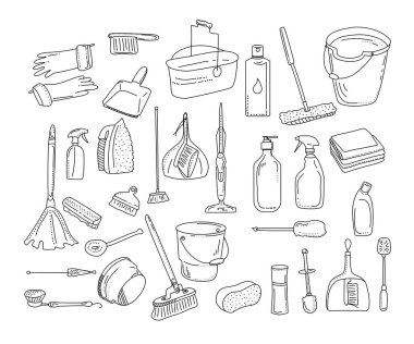 Temizlik aletleri koleksiyonu. Yerler, pencereler ve tozlar için temizlik malzemeleri. Beyaz arka planda saflaştırma için vektör karalama stili. Kova, fırça, deterjan ve sabun. Satır sanat öğeleri.