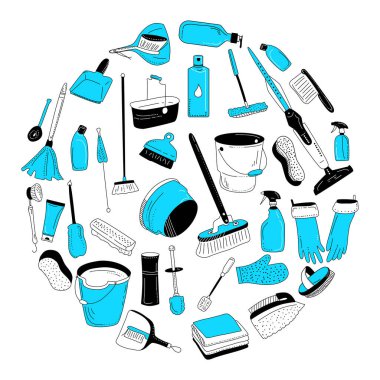 Temizlik aletleri koleksiyonu. Yerler, pencereler ve tozlar için temizlik malzemeleri. Beyaz arka planda saflaştırma için vektör karalama stili. Kova, fırça, deterjan ve sabun. Mavi renk.