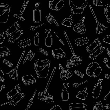 Temizlik araçları pürüzsüz desen. Yerler, pencereler ve tozlar için temizlik ekipmanları. Siyah arka planda arınmak için vektör karalama tarzı eşyalar..