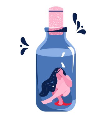 Genç kadın mantarlı cam şişeye kanıyor. Düşük, zorunlu kürtaj, doğurganlık sorunu olan tıbbi poster. Çevrimiçi jinekoloji kadınlara yardım ediyor. Yıldızlı kozmik saçlar. Görüntü.