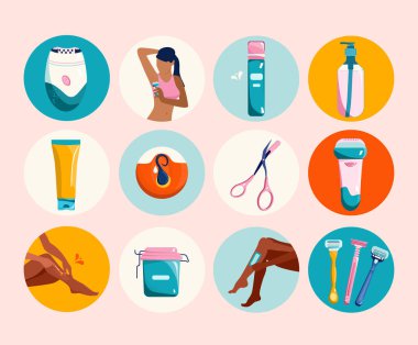 Saç çıkarma, tüy ayıklama ve ağda koleksiyonu. Yuvarlak simge retro düz stil olarak ayarlandı. Hijyen ekipmanları, cihazlar, tıraş bıçakları güzellik prosedürü için. Günlük rutin ve cilt bakımı. Vektör