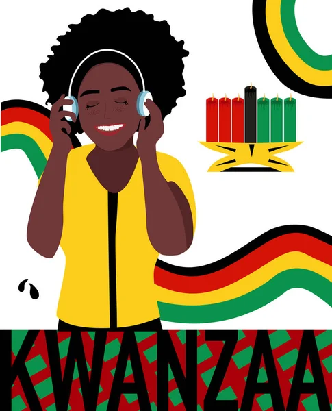 Kwanzaa 'nın posterleri. Afro-Amerikan kültür, müzik ve hasat gelenekleri festivali. Yeni yıl tatili. Genç kadın siyah etnik köken.).
