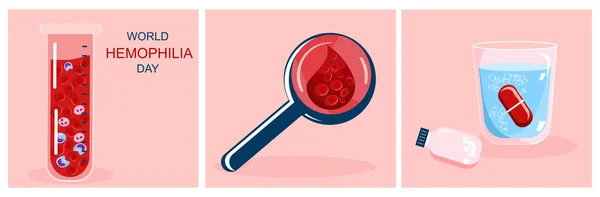 Dünya Hemofili Günü yatay afişi. Hematoloji. Pıhtılaşma faktörü ve kan pıhtılaşması sorunu. Lösemi ya da anemi örnekleri. Tüpte insan hasta hücreleri, büyüteç ve haplı bir bardak su.