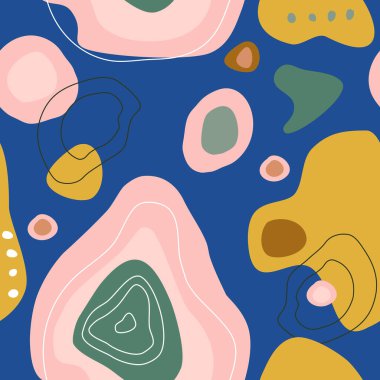 El çizimi elementlerle soyut ve pürüzsüz desen. Kart, durağanlık için karalama arkaplanı. Moda renkleri. Orta çağ modern sanat eserleri.