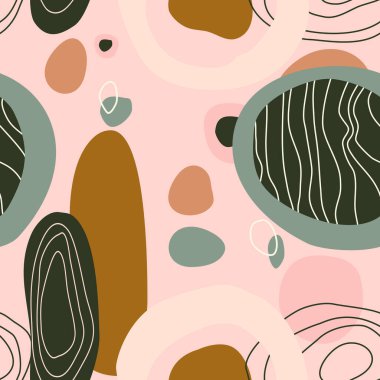 Elle çizilmiş yuvarlak elementlerle soyut, pürüzsüz desen. Kart, durağanlık için karalama arkaplanı. Moda renkleri. Orta çağ modern sanat eserleri.