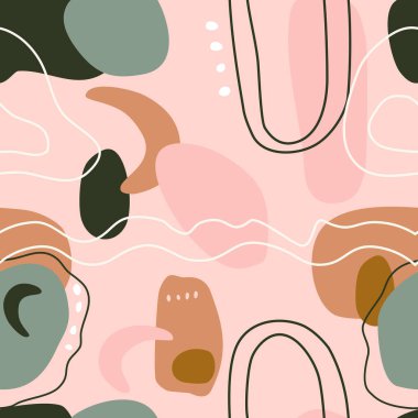 Soyut siluetleri, yuvarlak çizim elementleri olan kusursuz desenler. Kart, kırtasiye için Doodle arkaplanı. Paletler, çizgiler ve dalga şekilleri. Yüzyılın ortalarında