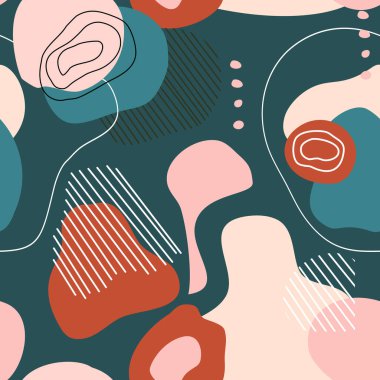 El çizimi elementlerle soyut ve pürüzsüz desen. Kart, durağanlık için karalama arkaplanı. Moda renkleri. Orta çağ modern sanat eserleri.