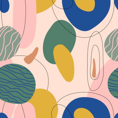 Elle çizilmiş yuvarlak elementlerle soyut, pürüzsüz desen. Kart, durağanlık için karalama arkaplanı. Moda renkleri. Orta çağ modern sanat eserleri.