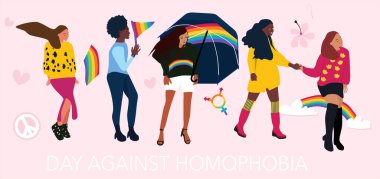 Homofobi posterine karşı bir gün. Gurur ayı geçit töreni. Gökkuşağı bayrağı taşıyan bir grup kadın. LGBTQ konsepti. Lezbiyenlerle el çizimi vektörler, gey sembolleri. Farklı ırktan kızlar. Aşk koruması