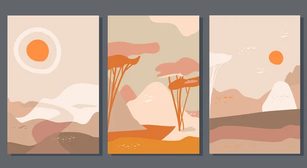 Set Abstract Landscapes Valle Hills Sun Paper Cut Style Mid — Stock Vector