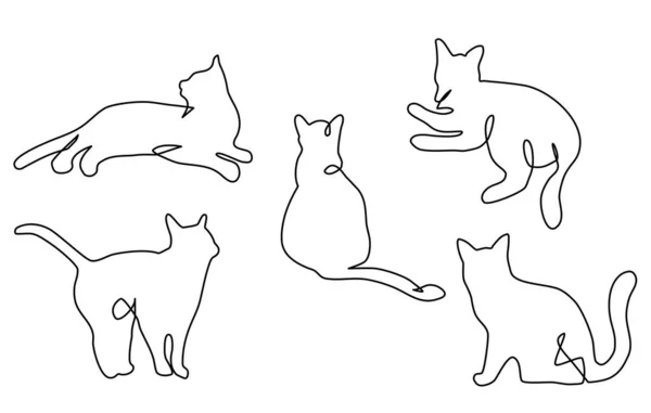 Continuous One Line Cats Feline Different Poses Animals Sit Lay — Vector de stock