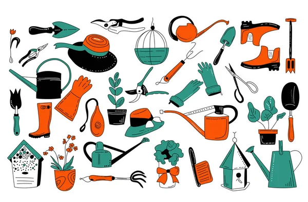 Jardinagem Equipamentos Ferramentas Estilo Doodle Conjunto Desenhado Mão Para Plantio — Vetor de Stock