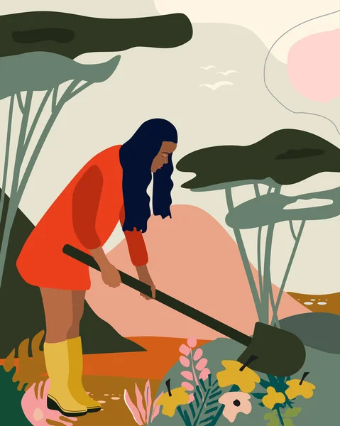 Young Woman Red Overcoat Gardening She Digs Ground Shovel Plants — Archivo Imágenes Vectoriales