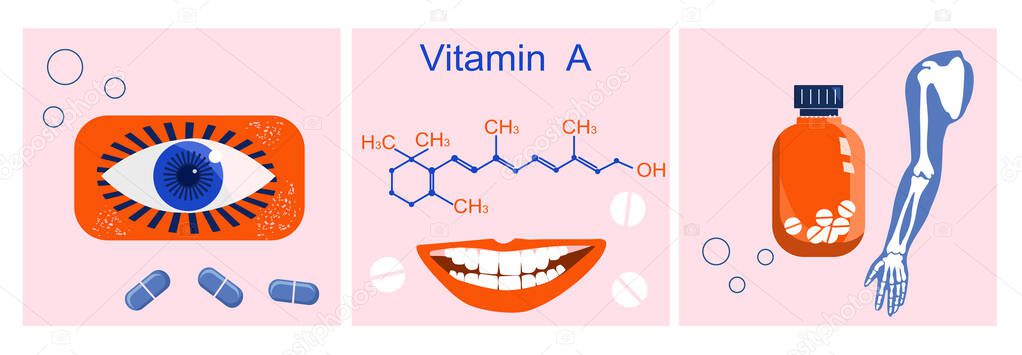 Vitamin A with Chemical formula. Retinol, beta carotene. Anti aging complex pills.Nutrition for bones and teeth.Vision and osteoporosis disease prevention and treatment. Infographic elements. Vector