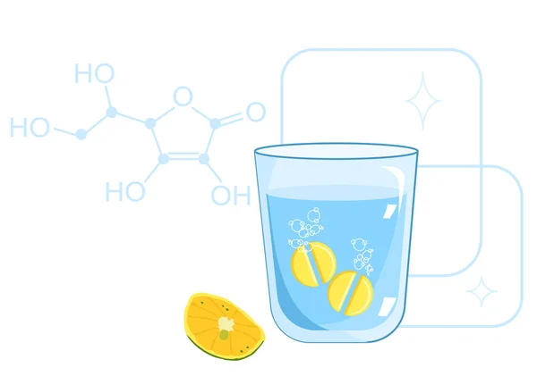 Akrep asidi ya da C vitamini kimyasal formül. Fışkırtıcı tablet bir bardak suda çözünür. Limon dilimi doğal bir besindir. Bağışıklık sistemi için biyodestek. Yaşlanma önleyici haplar