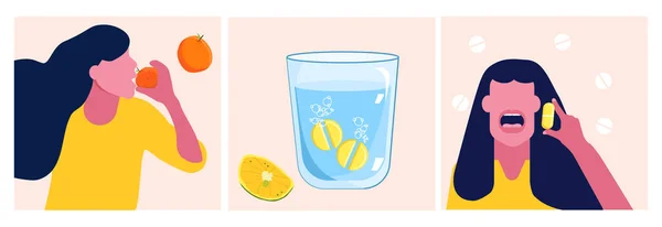 アスコルビン酸またはビタミンCセット 熱分解タブレットは水のガラスに溶解します レモンスライスは自然な栄養です 女性はオレンジを食べます 免疫系のためのバイオサプリメント — ストックベクタ