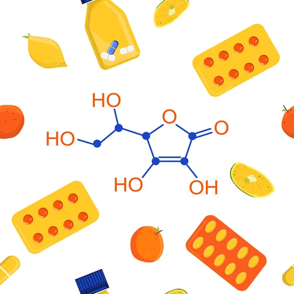 Ascorbic Acid Seamless Pattern Vitamin Chemical Formula Aging Complex Pills — стоковый вектор