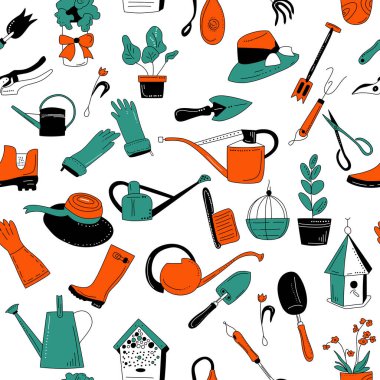 Bahçıvanlık ekipmanları ve aletler karalama tarzında kusursuz desen. Ekmek için beyaz arka planda el çizimi. Budama, sulama tenekesi, giysi ve trowelle resim. Çiçek yetiştir ve yetiştir..