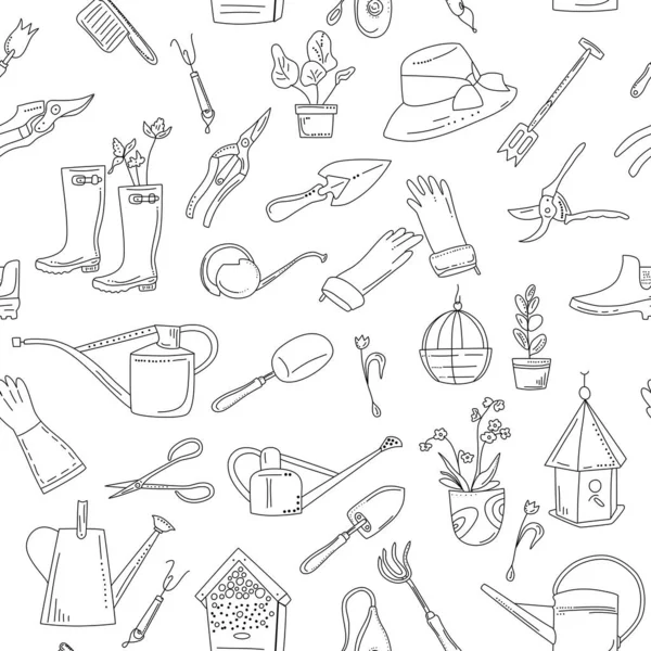 Gartengeräte Und Werkzeuge Nahtlose Muster Doodle Stil Handgezeichnetes Pflanz Und — Stockvektor