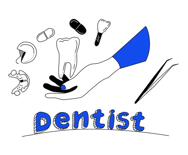 Affiche Service Dentisterie Style Doodle Soins Cavité Buccale Brossage Nettoyage — Image vectorielle