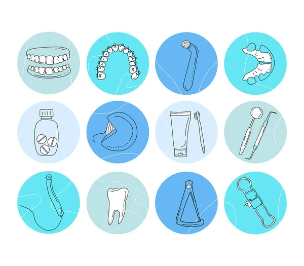 Herramientas Instrumentos Dentales Ambientados Estilo Doodle Blog Medical Médico Dibujado — Vector de stock