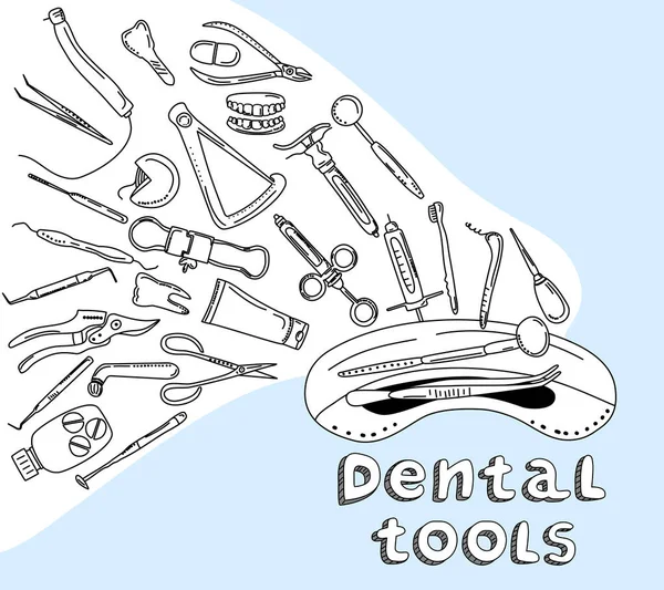 Ferramentas Dentárias Instrumentos Definidos Estilo Doodle Line Arte Banner Orthodontic —  Vetores de Stock