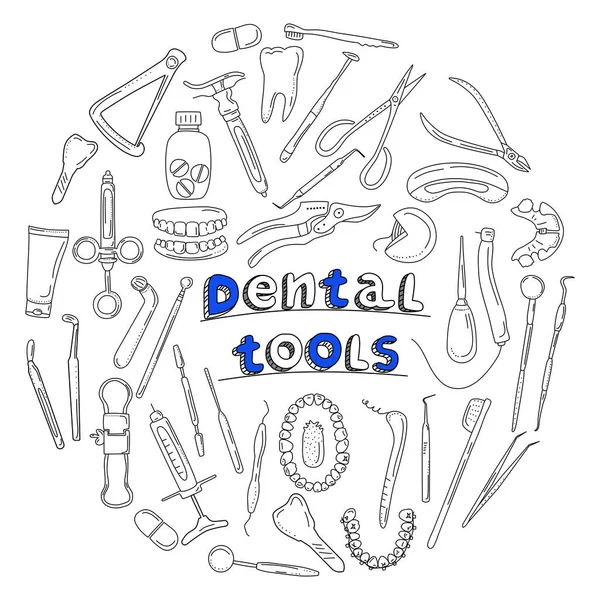 Ferramentas Dentárias Instrumentos Definidos Estilo Doodle Line Arte Banner Orthodontic —  Vetores de Stock