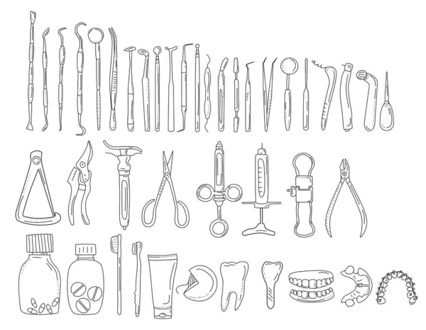 Tandverktyg Och Instrument Doodle Stil Line Konst Ikon Set Ortodontiska — Stock vektor