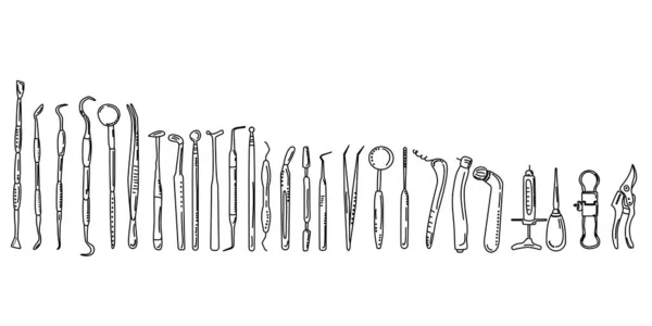 Dentale Werkzeuge Und Instrumente Doodle Style Line Art Banner Kieferorthopädische — Stockvektor