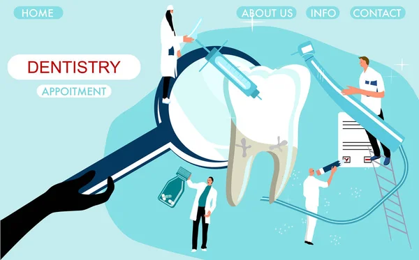Plantilla Del Sitio Web Clínica Dental Tiny Médicos Sosteniendo Broca — Vector de stock