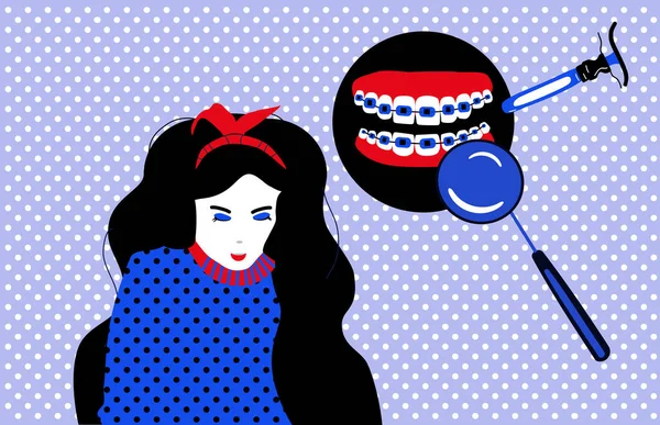 Dentistry Service Poster Pop Art Style Cute Young Woman Dental — Διανυσματικό Αρχείο