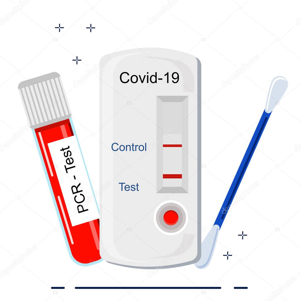 Coronavirus rapid antigen and PCR tests.Tube with blood sample and cotton swab with saliva. Self-diagnosis and positive result for covid - 19 infection. Medical banner, requirements for travelers.