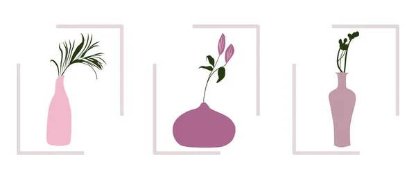 带有抽象花瓶和棕榈叶与干花相映成趣的符号 装饰花卉设计元素 具有时尚风格的酒壶和器皿 Ikebana — 图库矢量图片