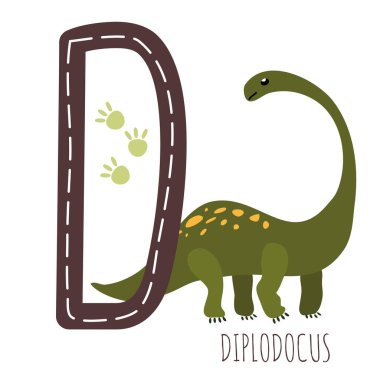 Diplodocus. Sürüngen isimli D harfi. El çizimi sevimli otçul dinozorlar. Eğitici tarih öncesi çizimler. Dinozor alfabesi. Jurasik, Mezozoik hayvanlar. Çocuksu komik komik yazı tipi.