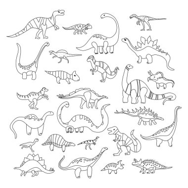 Çeşitli dino karakter setleriyle boyama. Çocuklar için oyun. Sevimli el çizimi dinozorlar. Jurassic, Mezozoik sürüngenler.