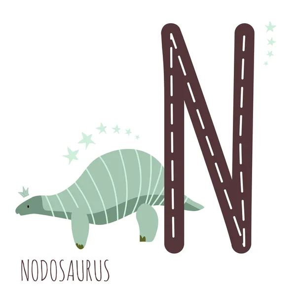Nodosaurus Lettre Avec Nom Reptile Dessiné Main Dinosaure Mignon Herbivores — Image vectorielle