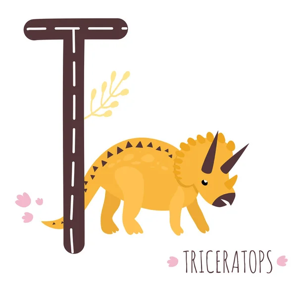 Triceratops Sürüngen Isimli Harfi Çizimi Sevimli Otçul Dinozorlar Eğitici Tarih — Stok Vektör