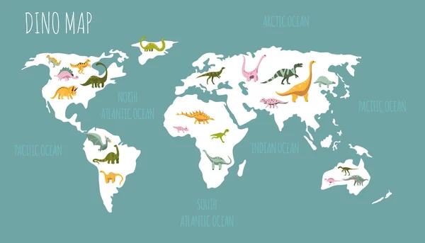 Dinozorların dünya haritası. Tarih öncesi sürüngenlerin yaşam alanı. Dino kartı. El sevimli hayvanlar çizdi. Paleontoloji. Jurassic kertenkele kızları.. 