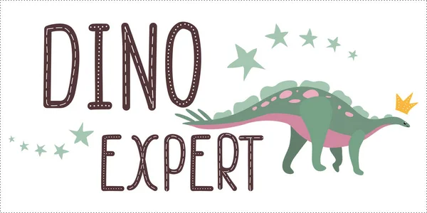 Dino Expert Phrase Cute Bébé Dinosaure Dessiné Main Drôle Impression — Image vectorielle