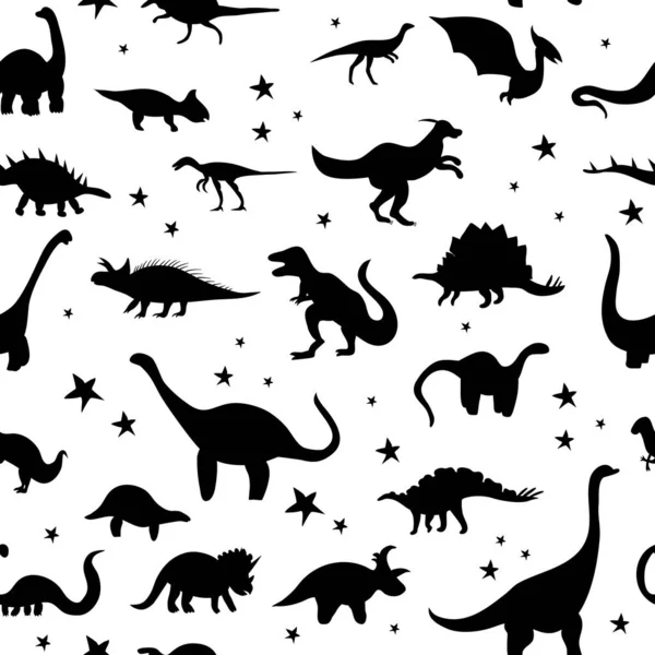 Modèle Sans Couture Avec Jolis Dinosaures Silhouettes Jurassique Reptiles Mésozoïques — Image vectorielle