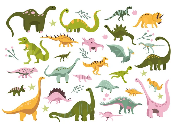 Divers Jeux Caractères Dino Mignon Dinosaures Dessinés Main Croquis Jurassique — Image vectorielle