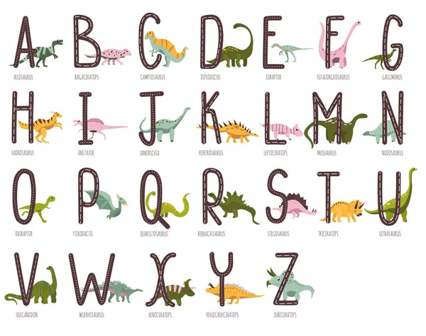 Alphabet Dino Dessiné Main Dinosaures Mignons Illustration Préhistorique Éducative Chaque — Image vectorielle