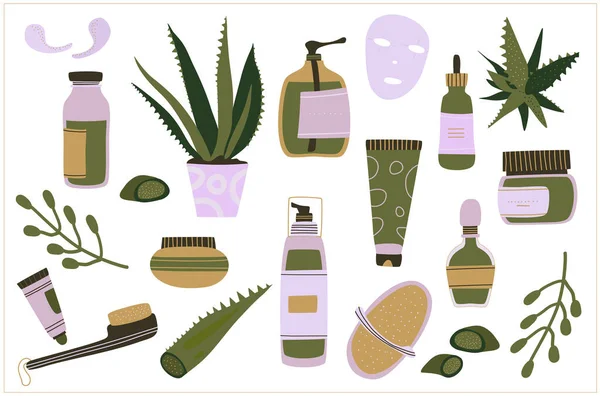 芦荟自制化妆品 自然护肤 每天爱你自己 手绘不同的罐子 从果汁 凝胶中提取的草药产品 — 图库矢量图片