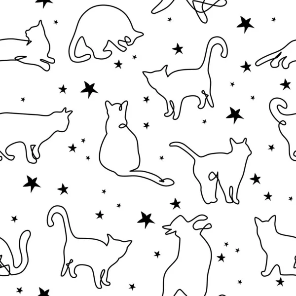 Padrão Sem Costura Com Gatos Doodle Entre Estrelas Continuous Uma Vetor De Stock