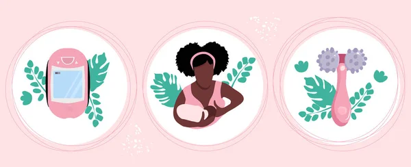 World Breastfeeding Week Lactation Accessories Set Young Afro American Woman — Vector de stock