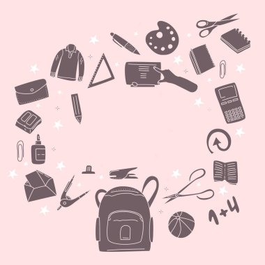 Stationery set in doodle style for store.Back to school concept with different size diary,open and closed notebook,office supplies.Hand drawn backpack content with template for text.Student tools.